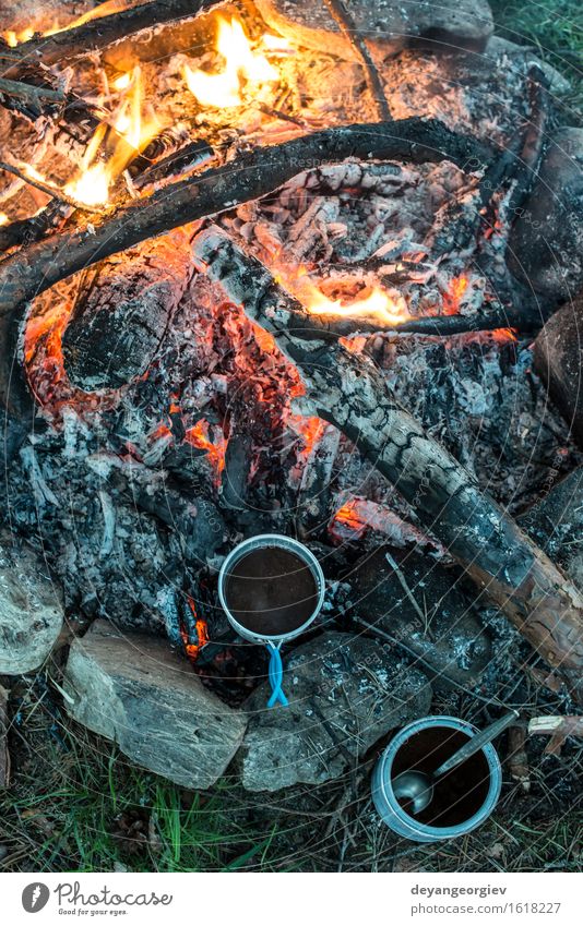 Making coffee on campfire Coffee Tea Pot Vacation & Travel Adventure Camping Summer Nature Forest Metal Steel Old Make Hot Natural Black Fireplace Cooking smoke