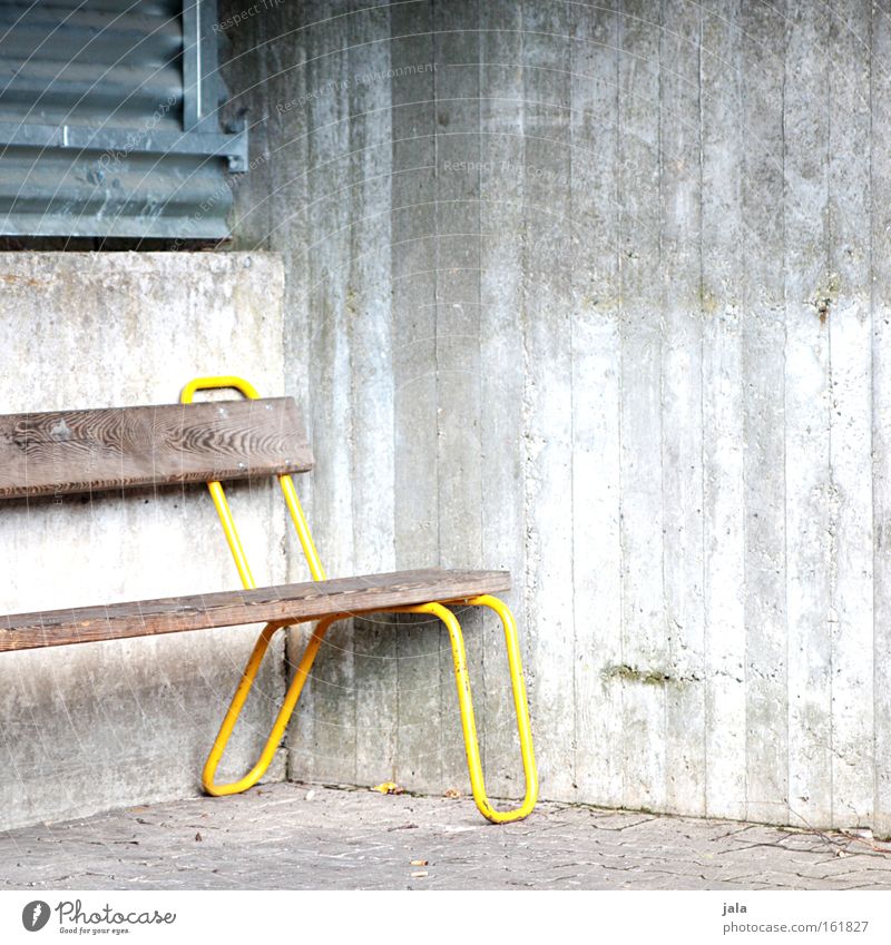 corner bench Bench Concrete Bus stop Wood Yellow Gray Wait Seating Places Train station Traffic infrastructure