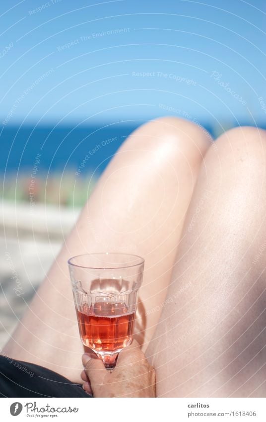 Could be worse ... Female senior 60+ Woman Legs Wine Glass Alcoholic drinks Mediterranean sea Skin Naked Female nude Shallow depth of field Blur Horizon Terrace