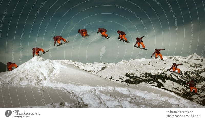 fly away Snowboarding Alps Winter Flying Trick Sports Action Style Panorama (View) Row Funsport Extreme sports BS 180 powder airtime Large Panorama (Format)