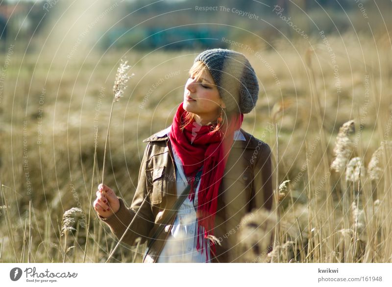 meadow + spring Happy Contentment Relaxation Summer Woman Adults Landscape Spring Meadow Cap Observe Blossoming Discover Dream To dry up Straw Pasture