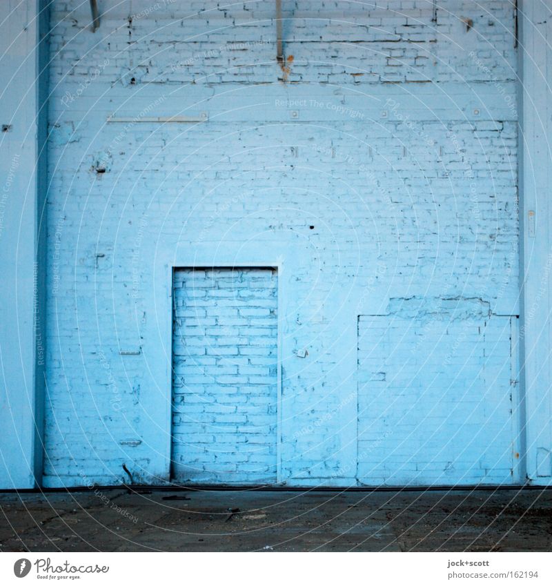 CLOSED (monochrome blue) Wall (building) Brick Sharp-edged Simple Firm chill Blue Safety Loneliness Stagnating bailer Frame Column Closed Warehouse Hall