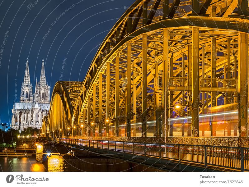 Cologne Cathedral with bridge Dome Tourist Attraction Esthetic Blue Yellow Colour photo Night Motion blur
