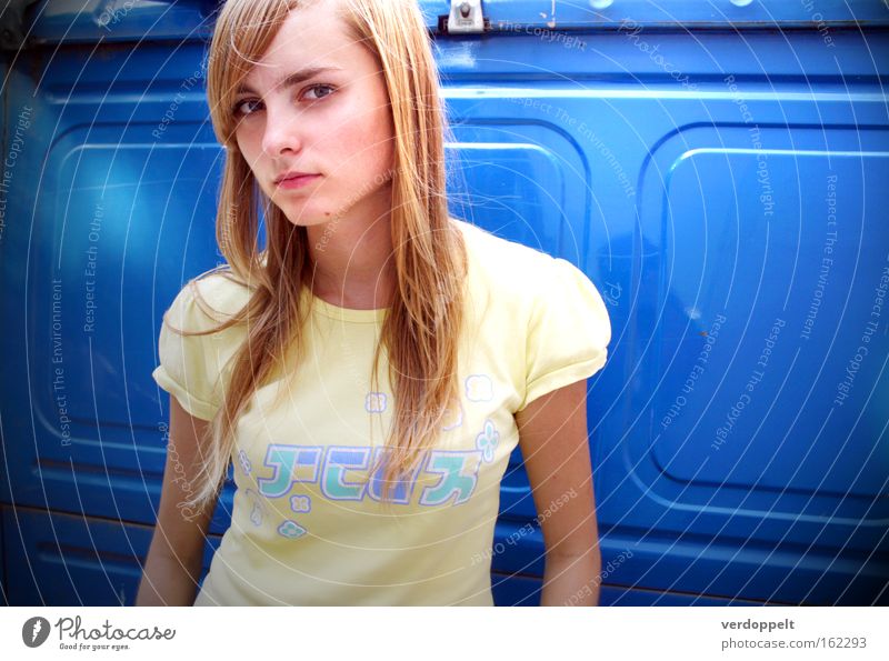 0_16 Portrait photograph Style Styling Hair Blue Colour Hieroglyph Anime Thin Yellow T-shirt Light Light (Natural Phenomenon) Clothing Face Woman look glance