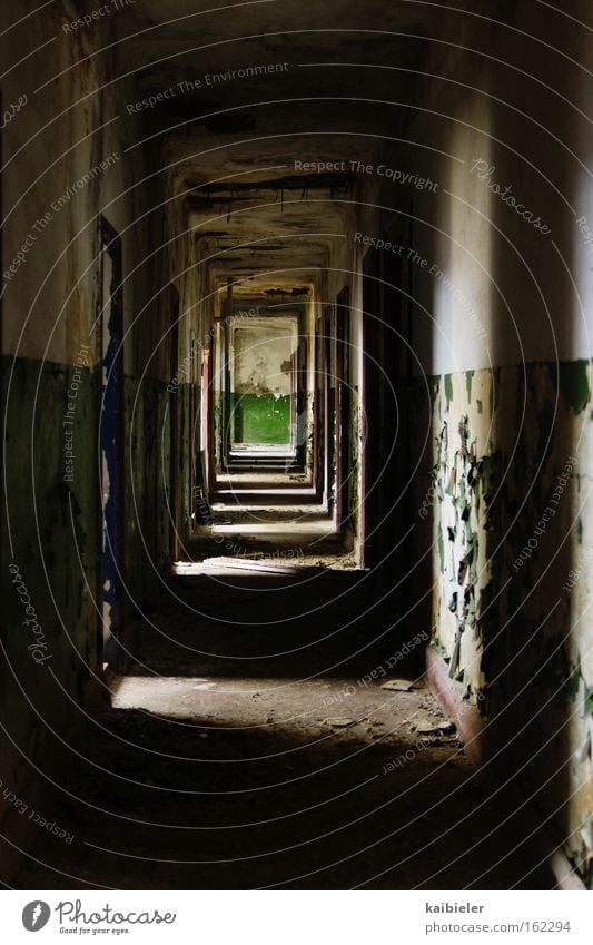 Green at the end of the tunnel Light Shadow Ruin Tunnel Blue Loneliness Fear Decline Transience Hallway Corridor Military building Derelict Panic Red Army