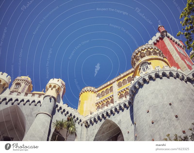 Portugal's Neuschwanstein Tourist Attraction Sintra Castle Lock Multicoloured Large City trip Red Yellow Blue Bulky Exterior shot Height Domicile