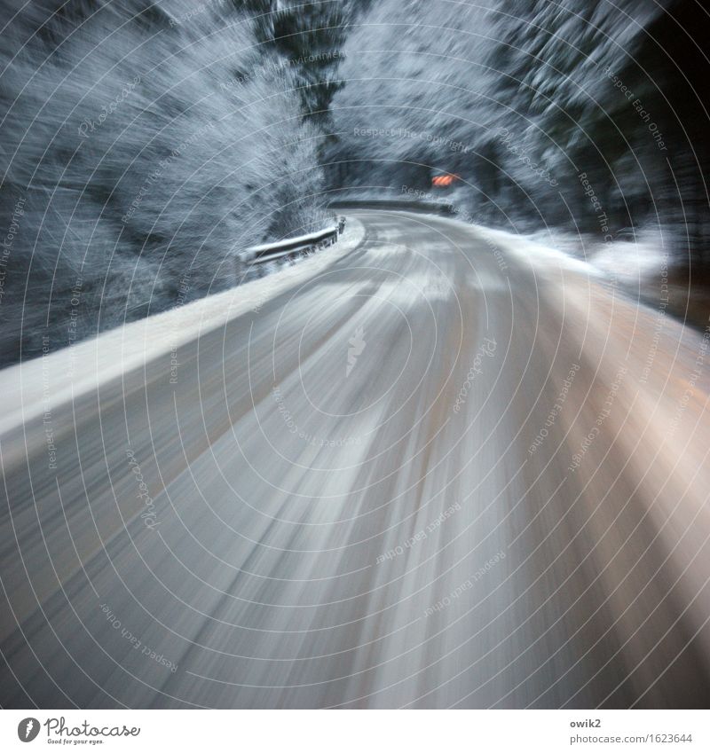 speed buzz Winter Snow Forest Transport Traffic infrastructure Street Curve Speed Responsibility Attentive Watchfulness Hope Resolve Joy Threat Speed rush