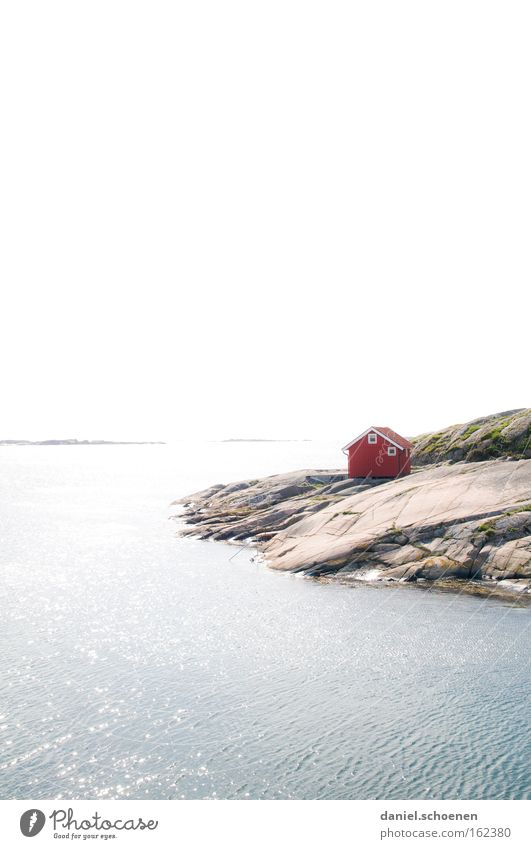 Cottage by the sea House (Residential Structure) Hut Ocean Sweden Scandinavia Sky Weather Summer Wood Red Water Horizon Sun Light Colour Dye Beach Coast