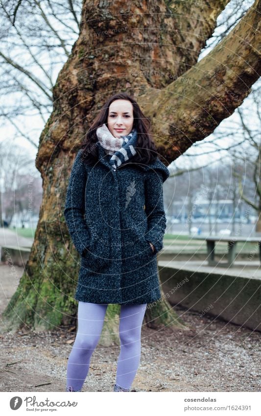 winter portrait University & College student Feminine Young woman Youth (Young adults) 1 Human being 18 - 30 years Adults Tree Park Jacket Coat Brunette