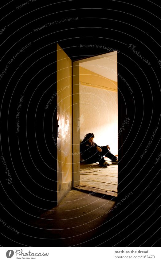 wait quietly Door Room Opening Insight Man Human being Sit Loneliness Meditative Bright Light Contrast Grief Derelict Distress Transience Sadness