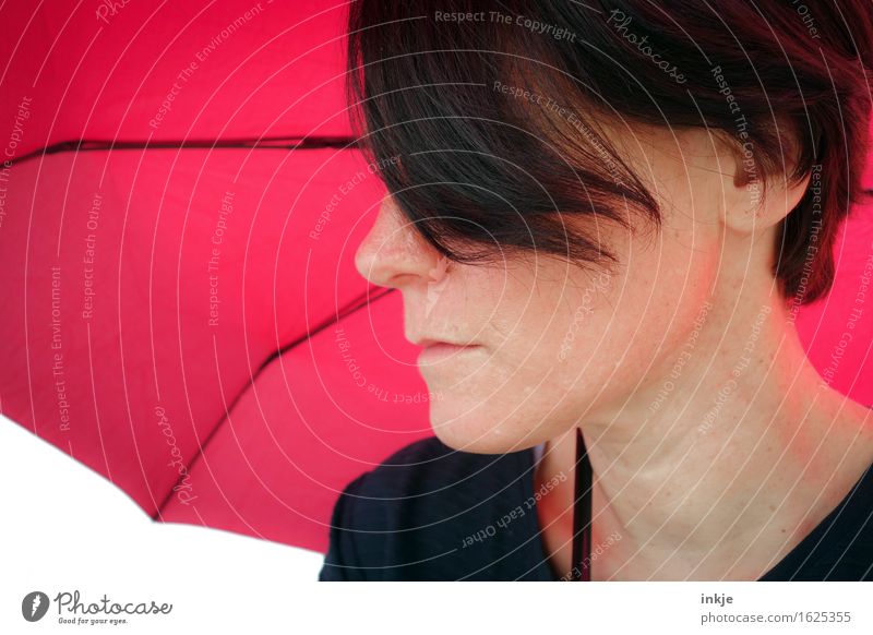 shade Lifestyle Style Leisure and hobbies Woman Adults Face 1 Human being Umbrellas & Shades Sunshade Pink Red Only one woman Strand of hair Colour photo
