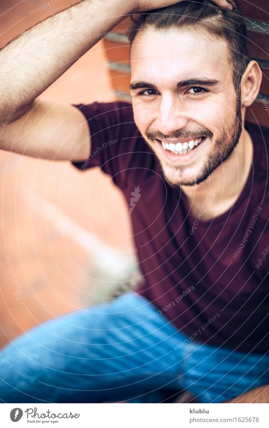 Handsome caucasian young man Lifestyle Style Happy Beautiful Face Leisure and hobbies Academic studies Camera Man Adults Environment Town Beard Smiling