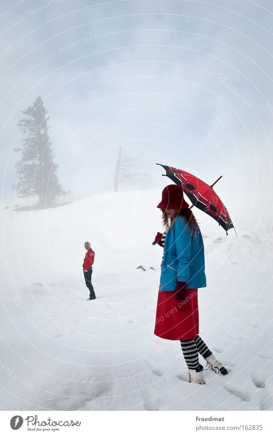 homosapiens in the fog Contentment Vacation & Travel Tourism Trip Winter Snow Mountain Human being Woman Adults Man Couple Sky Gale Fog Tree Umbrella Stand Cold