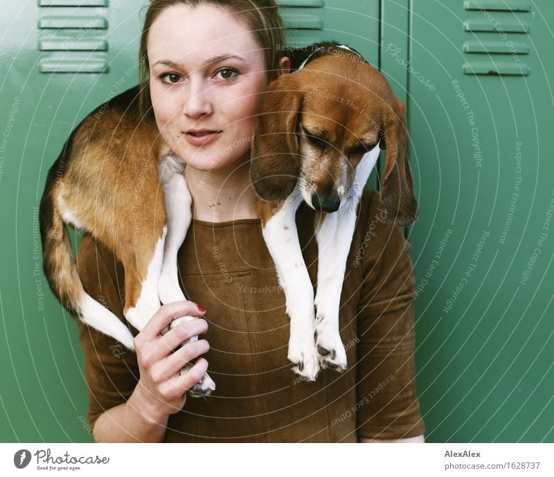 After the hunt Exotic Hunting Young woman Youth (Young adults) Face 18 - 30 years Adults Dress Leather Brunette Animal Pet Farm animal Dog Hound Beagle spin