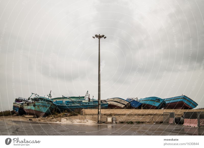 old boats Fishing boat Blue Gray Sicily Harbour Watercraft discarded Old Clouds Colour photo Subdued colour Exterior shot Deserted Copy Space left