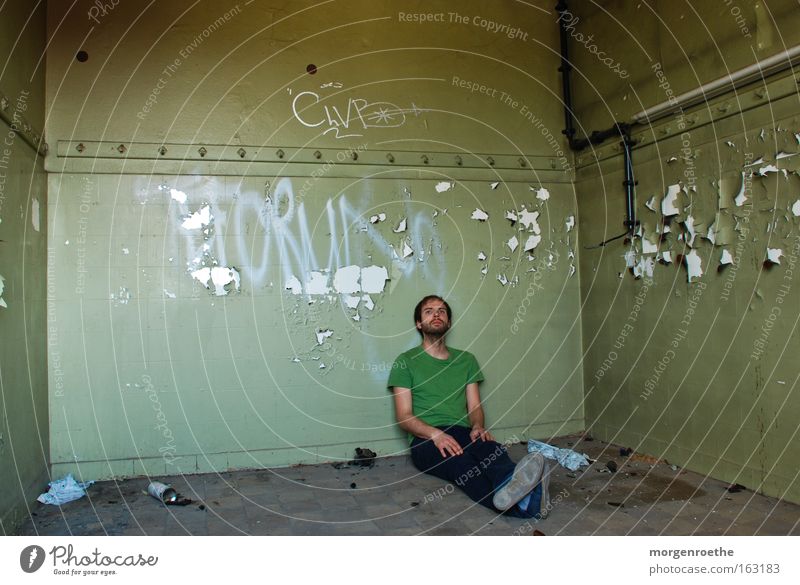 green room Self portrait Green Old Room Building Graffiti Contrast Man Facial hair Iron-pipe Derelict Loneliness