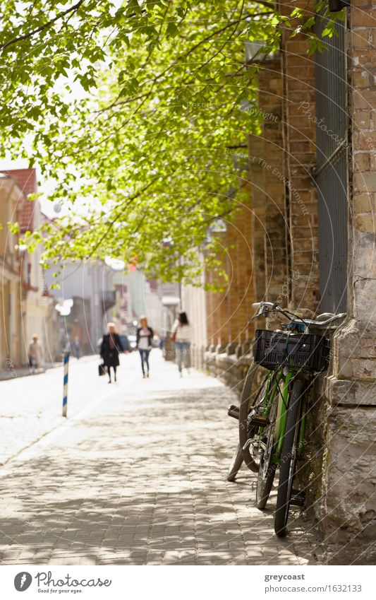 Bike on the street in Tallinn at spring. Beautiful Relaxation Tourism Summer Sun 3 Human being Plant Leaf Small Town Street Bright Blue Yellow Green Colour bike