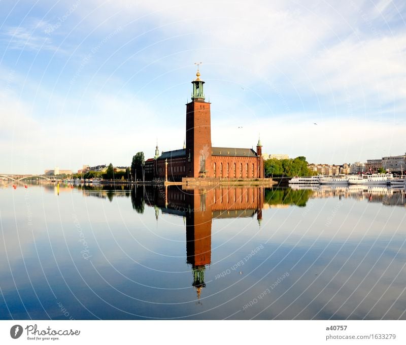 Stockholm City Hall with reflection on water Sweden Reflection Town Summer City hall Stadshuset Water City life Built Water Surface Clock tower Lake Nordic
