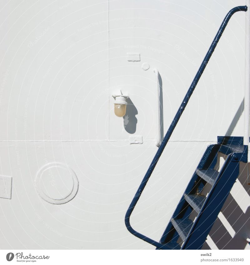 B/W gangway. Ship's side Lamp Stairs Ladder Banister Glass Metal Plastic Simple Maritime Fishing boat White Black Blue Colour photo Subdued colour Exterior shot