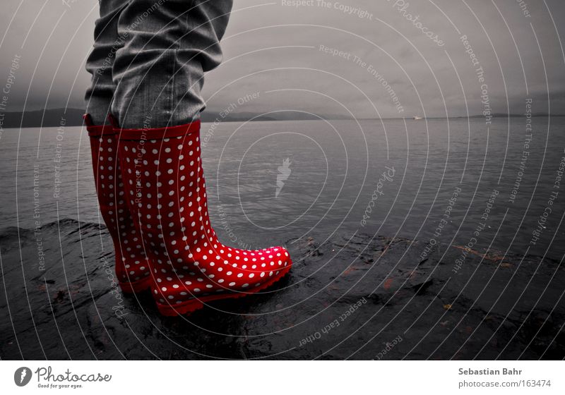 rubber boots Norway Trondheim Fjord Rubber boots Red Point Water Gray Clouds Black & white photo Autumn Sky "Bad weather". Deep