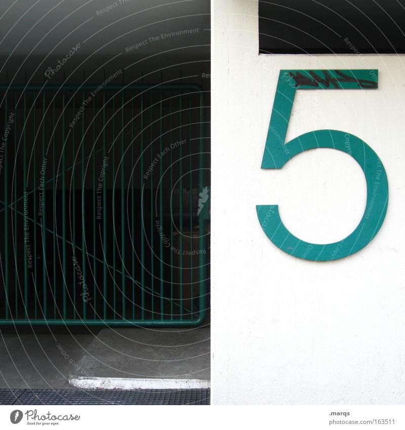 5 Colour photo Exterior shot Copy Space left Day Building Facade Concrete Digits and numbers Living or residing Town Green White Grating House number Entrance