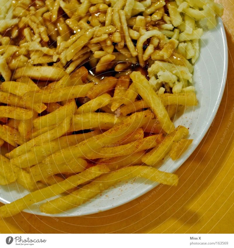 Spaetzle plate with french fries !!!! (and sauce) Multicoloured Detail Copy Space right Artificial light Deep depth of field Bird's-eye view Central perspective