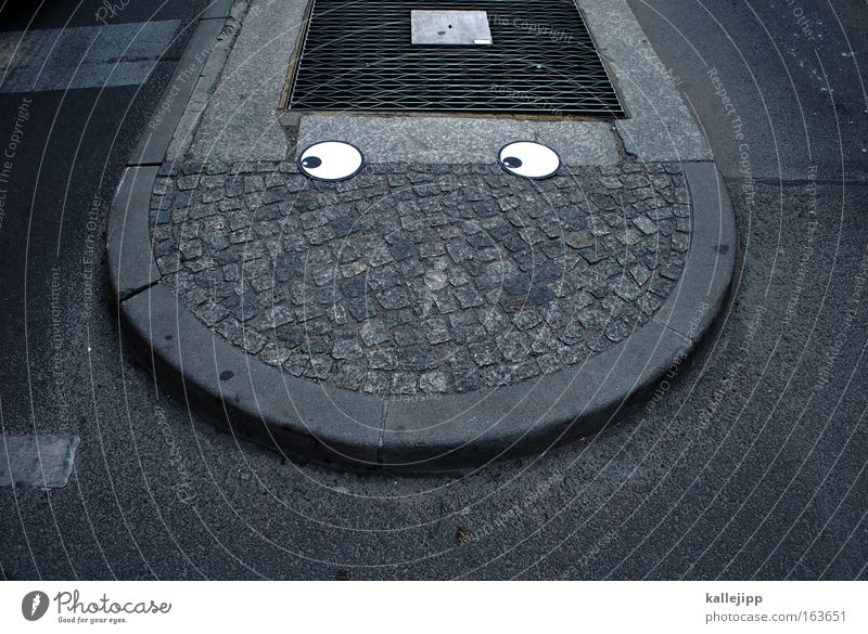 keep on smiling Colour photo Exterior shot Deserted Shadow Looking away Androgynous Head Eyes Mouth Street Crossroads Road junction Stone Concrete Road sign