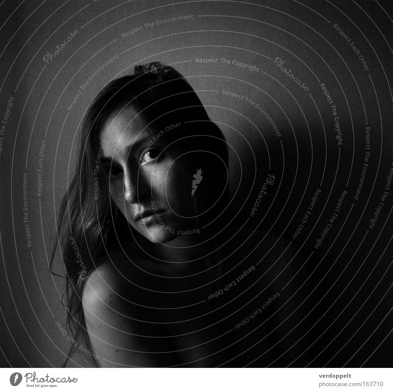 ? Black & white photo Interior shot Day Light Shadow Contrast Portrait photograph Upper body Looking Looking into the camera Human being Feminine Young woman
