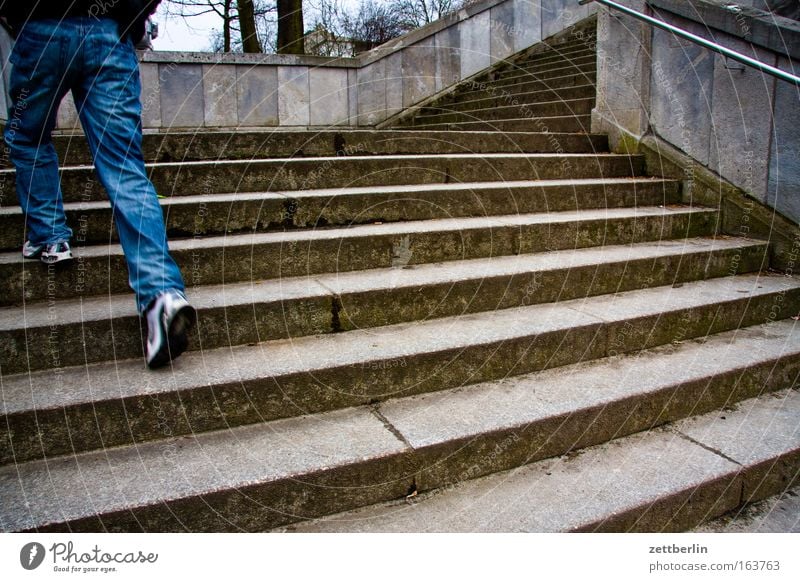 staircase Colour photo Exterior shot Copy Space right Day Worm's-eye view Wide angle Masculine Young man Youth (Young adults) Legs Feet 1 Human being Old town