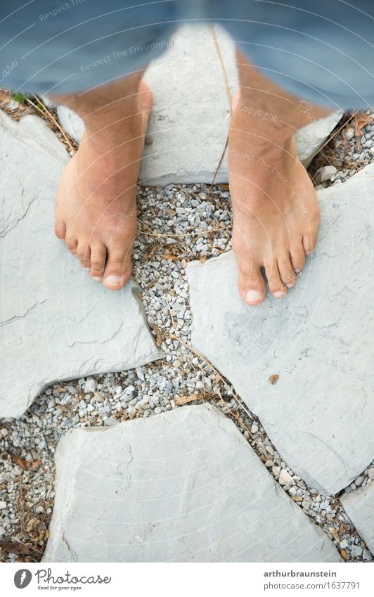 Barefoot on stone terrace in summer Lifestyle Beautiful Personal hygiene Pedicure Healthy Summer Hiking Garden Health care Human being Masculine Young man