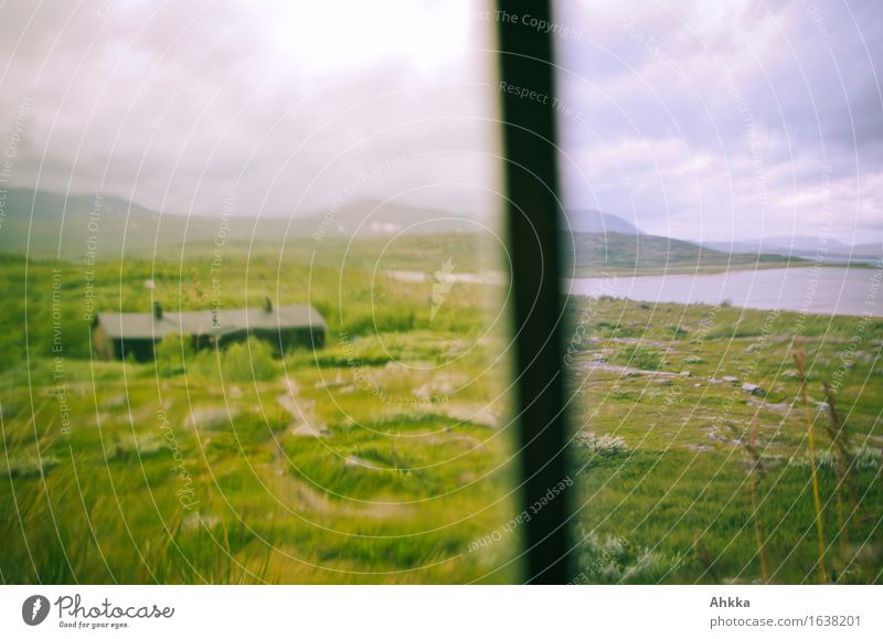 window look Grass Meadow Mountain Lake Hut Window Observe Green Loneliness Calm Change Division Focal point Pane Unclear Blur Looking Colour photo Multicoloured