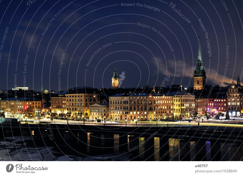Gamla Stan in Stockholm Town City life Urban building Sweden Panorama (View) Night Built Structure Water Small Town Reflection Architecture Famousness Church