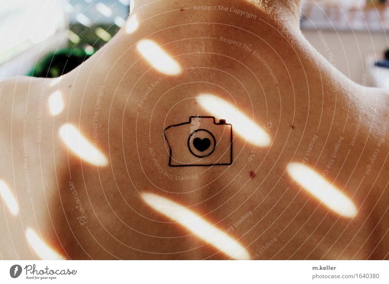 Camera tattoo Tattoo Back Sign Joy Photography hobby Subdued colour Leisure and hobbies Take a photo Human being Analog Lifestyle Shaft of light Pattern