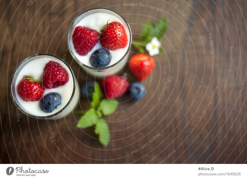 Natural yoghurt with fresh berries Food Yoghurt Dairy Products Fruit Dessert Nutrition Breakfast Organic produce Vegetarian diet Diet Mug Glass Healthy