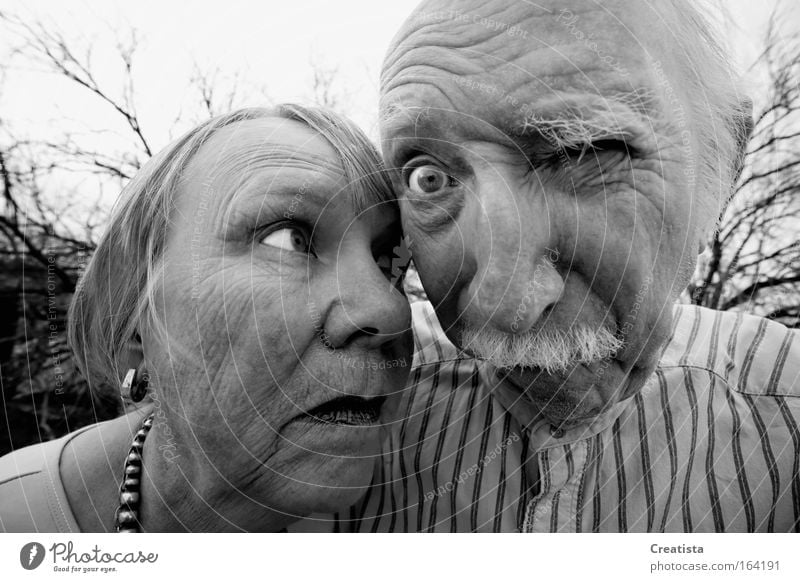 Crazy man and woman Black & white photo Exterior shot Day Wide angle Portrait photograph Front view Looking Looking into the camera Forward Human being