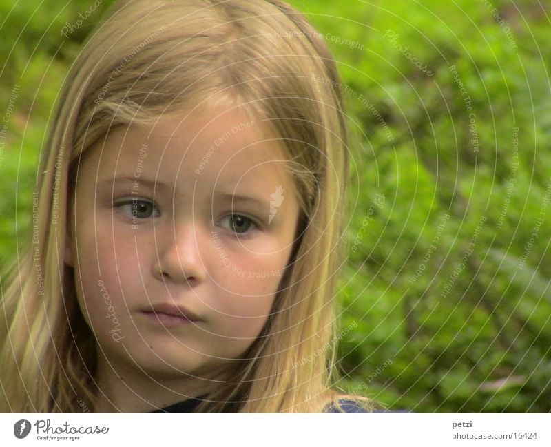 I'm so serious Child Girl Nature Blonde Long-haired Think Earnest Skeptical Colour photo Exterior shot Copy Space right Central perspective Forward