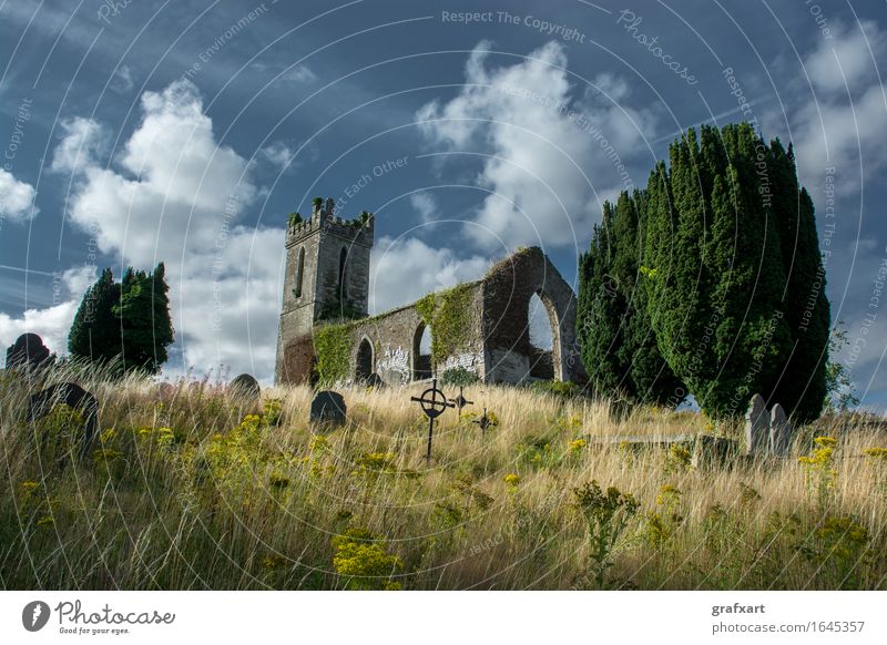 Ruin of an old church with cemetery in Ireland Church Church spire Cemetery Tombstone Old Loneliness End Memory Peaceful Remember Past Grave Hill Chapel
