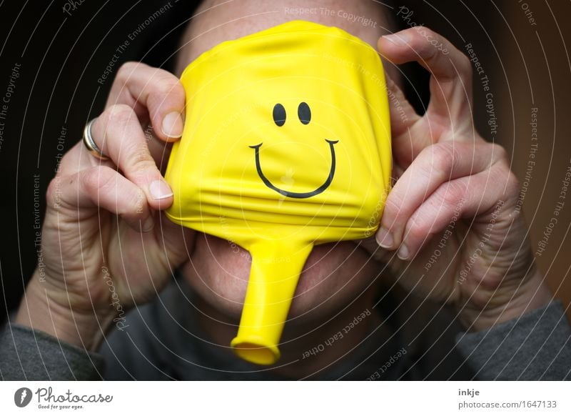 Copycat, copycat! Lifestyle Joy Leisure and hobbies Woman Adults Face Hand 1 Human being Balloon Sign Smiley Smiling Funny Yellow Emotions Happiness Sympathy