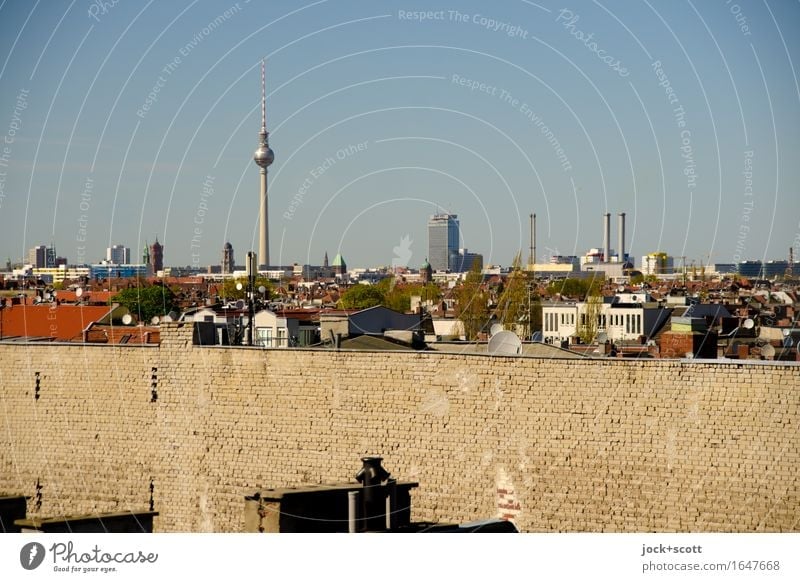 Berlin firewall with panorama over the city Cloudless sky Beautiful weather Warmth Neukölln Capital city Downtown House (Residential Structure) Architecture