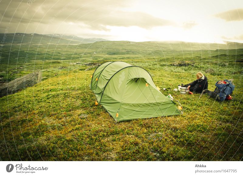 tent camp Calm Vacation & Travel Adventure Camping Mountain Hiking Feminine 1 Human being Landscape Fjeld Tent Green Loneliness Freedom Colour photo