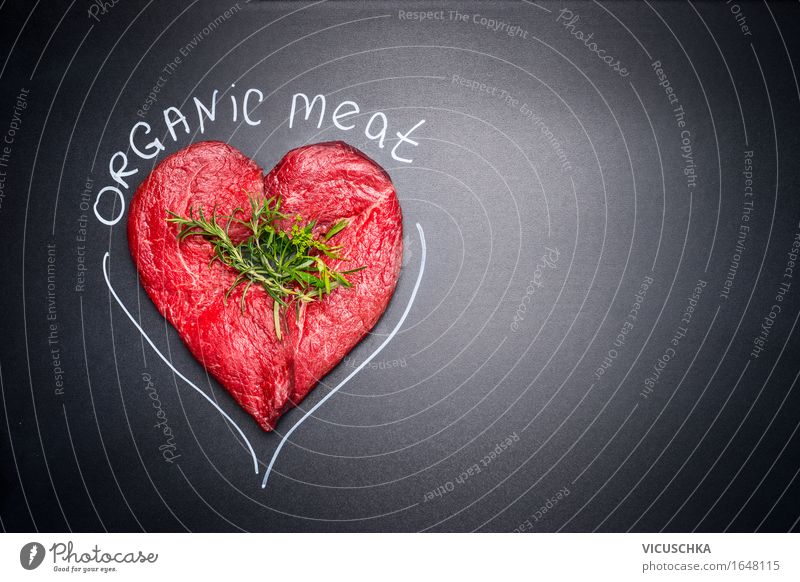 Heart shaped from raw meat with text: Organic Meat Food Herbs and spices Nutrition Organic produce Lifestyle Shopping Style Design Healthy Eating Restaurant