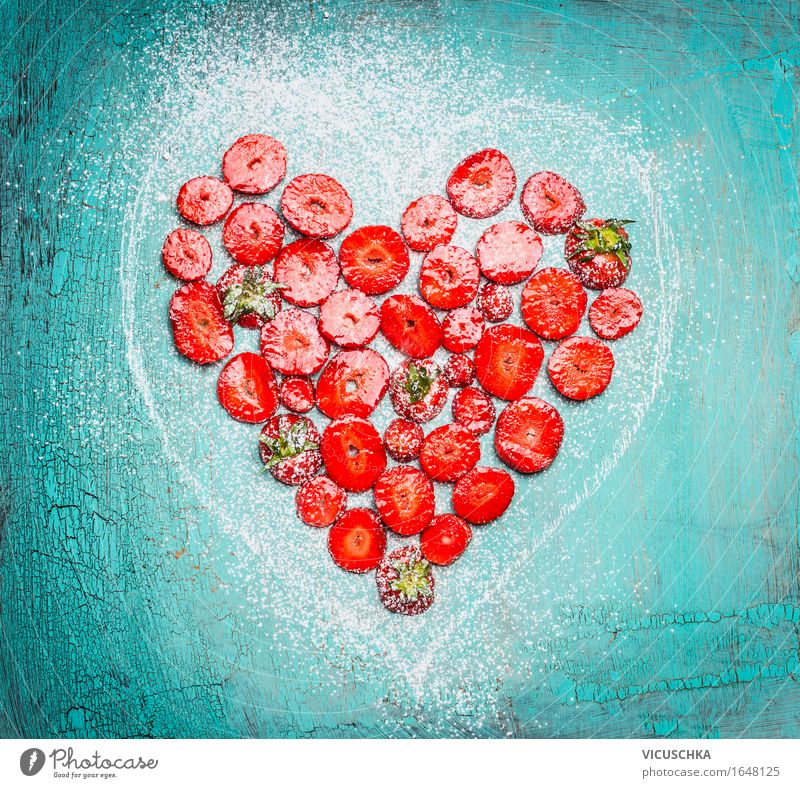 Cut strawberries in heart form on turquoise blue Food Fruit Dessert Nutrition Breakfast Organic produce Vegetarian diet Diet Style Design Healthy Eating Life