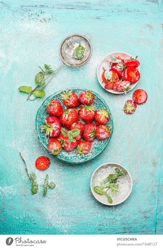 Strawberries served in the blue bowl with mint Food Fruit Dessert Candy Nutrition Breakfast Organic produce Vegetarian diet Diet Plate Bowl Summer Nature Design