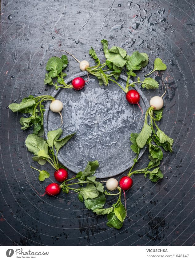 Excellent radish with leaves around empty slate plate Food Vegetable Lettuce Salad Nutrition Organic produce Vegetarian diet Diet Plate Lifestyle Style Design