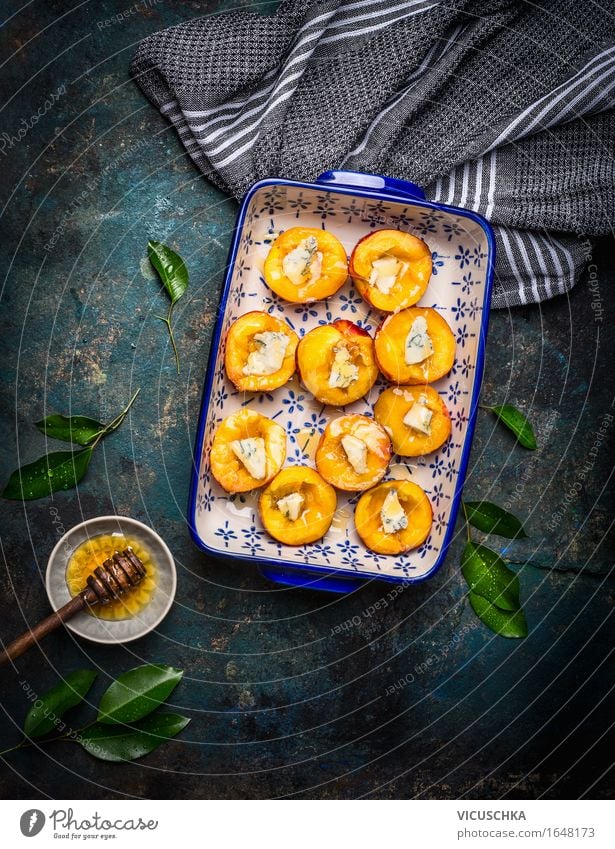 Peaches with cheese and honey in a baking tin Food Cheese Fruit Dessert Candy Nutrition Organic produce Vegetarian diet Style Design Healthy Eating Life