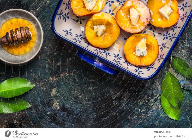 Peaches with cheese and honey in a baking tin Food Fruit Dessert Candy Nutrition Organic produce Vegetarian diet Diet Juice Crockery Plate Style Design