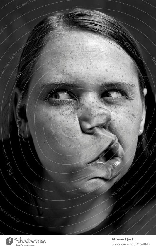 facial derailment Black & white photo Interior shot Detail Flash photo Portrait photograph Upper body Front view Looking away Young woman Youth (Young adults)