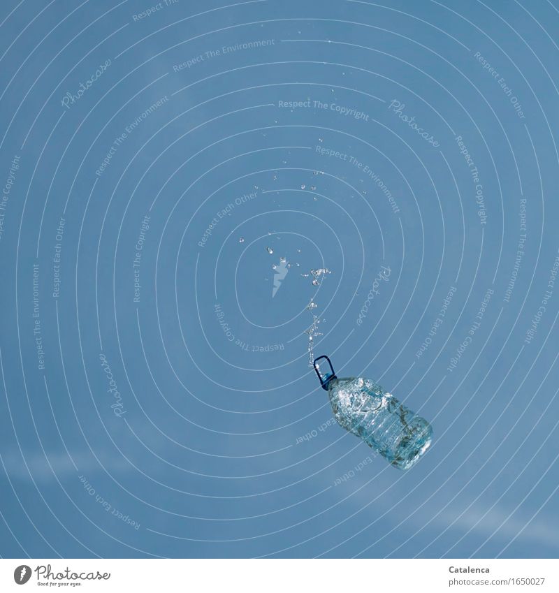 Water, a full water bottle falls from the sky Air Drops of water Sky only Cloudless sky Beautiful weather Bottle of water Packaging PET bottle To fall Wet Blue