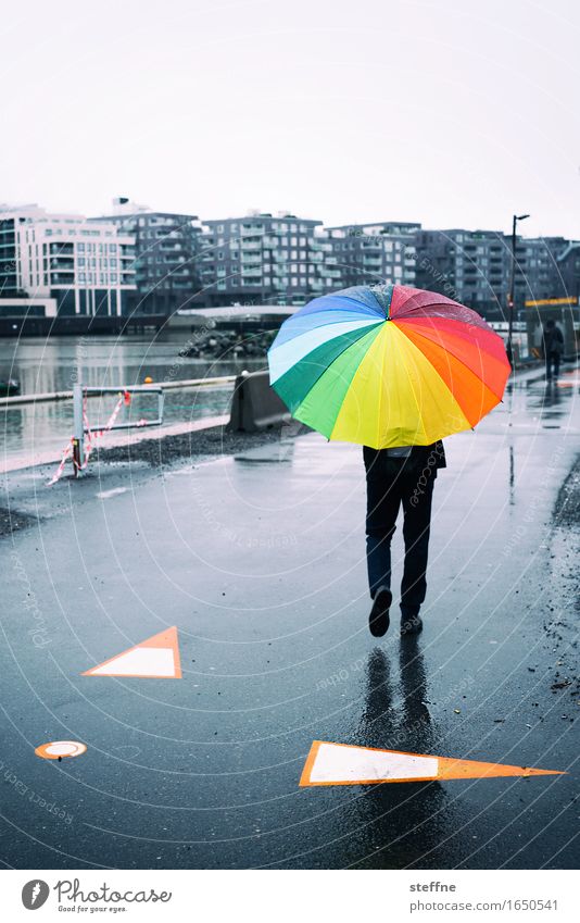 summer solstice 1 Human being Hip & trendy Oslo Umbrella Rainbow Bad weather Norway Town Autumn Spring To go for a walk Street Colour photo Multicoloured