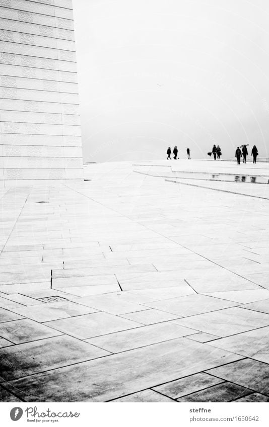 opera ball Bad weather Fog Rain Calm Oslo Opera house Human being Visitor Spatial impression Timeless Sadness Black & white photo Exterior shot Copy Space top